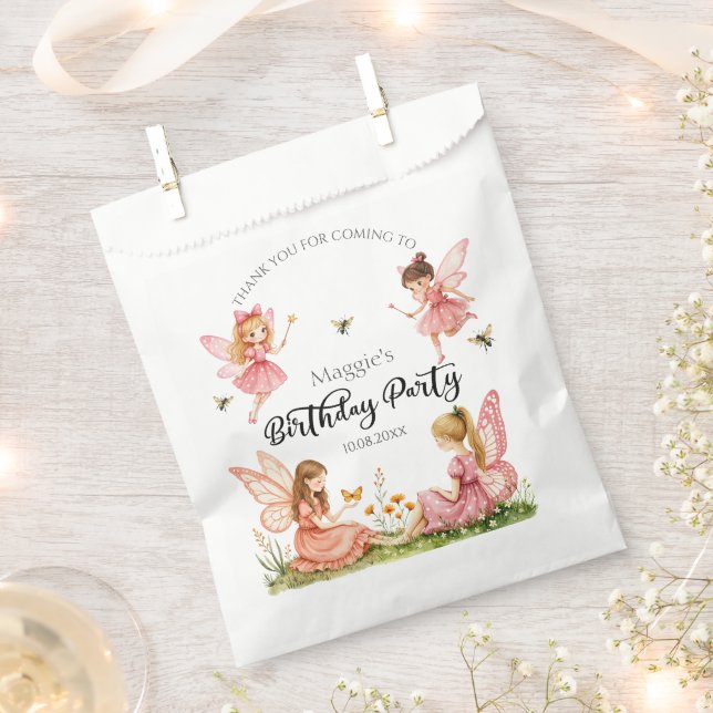 Charming Pink Fairies Woodland Birthday Party Favor Bag (Clipped)
