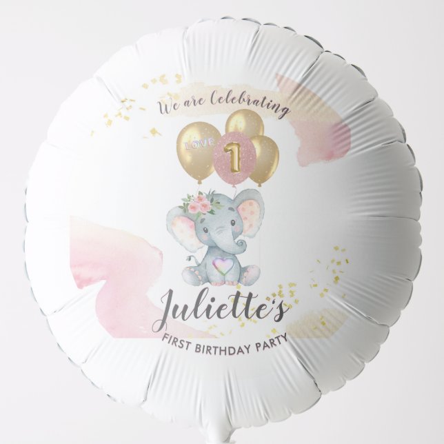 Charming Pink Floral Elephant First Birthday Girl  Balloon (Front)