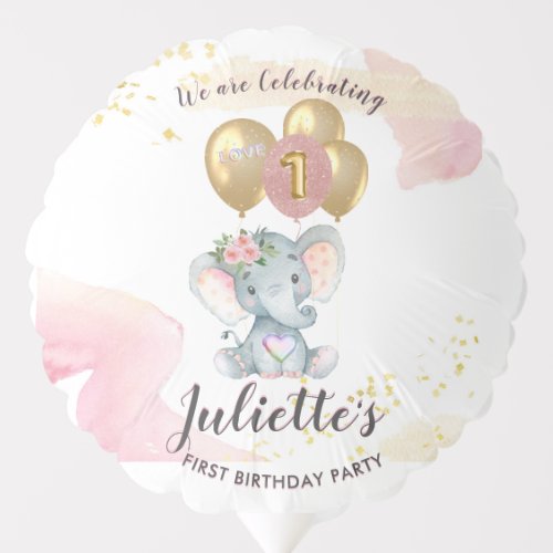 Charming Pink Floral Elephant First Birthday Girl  Balloon