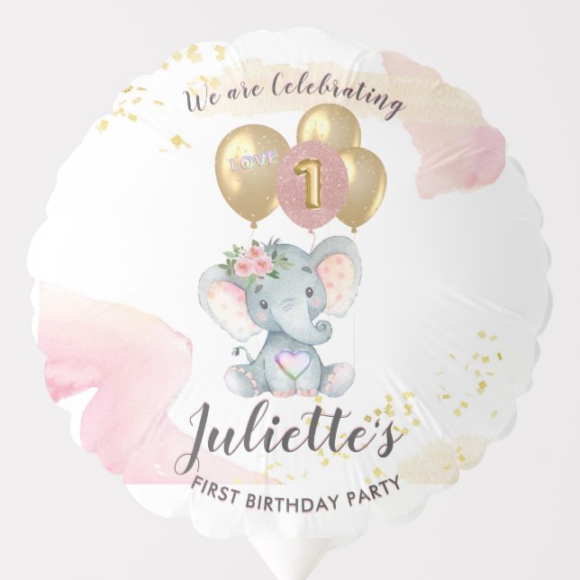 Charming Pink Floral Elephant First Birthday Girl  Balloon (Front)