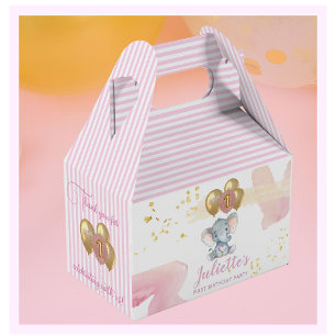 Charming Pink Floral Elephant First Birthday Girl Favor Boxes