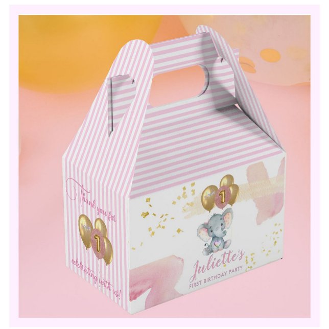 Charming Pink Floral Elephant First Birthday Girl  Favor Boxes (Creator Uploaded)