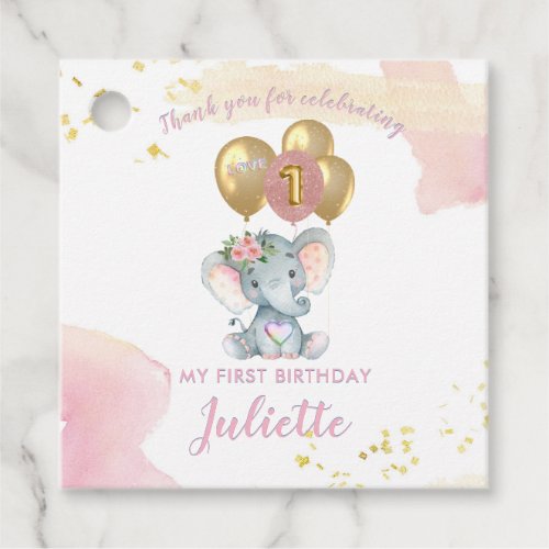 Charming Pink Floral Elephant First Birthday Girl Favor Tags