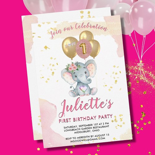 Charming Pink Floral Elephant First Birthday Girl Invitation
