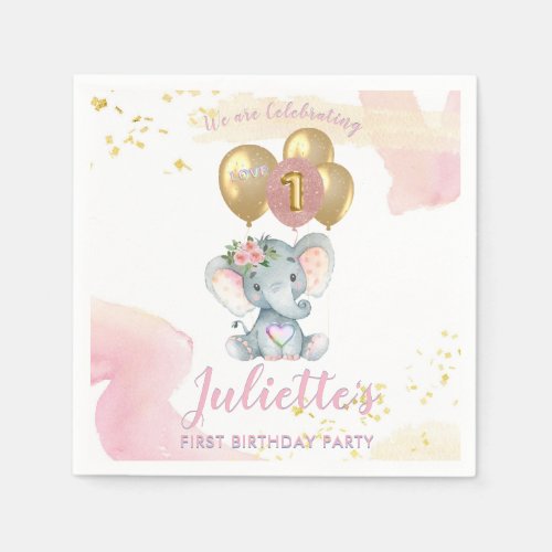 Charming Pink Floral Elephant First Birthday Girl  Napkins