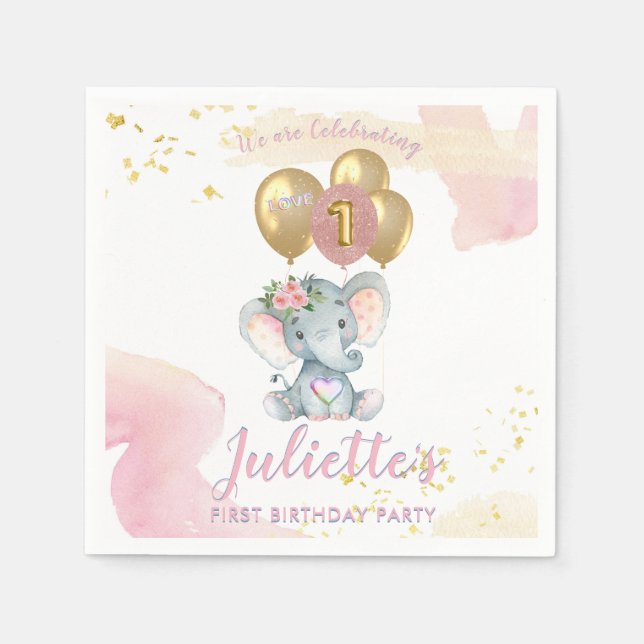 Charming Pink Floral Elephant First Birthday Girl  Napkins (Front)