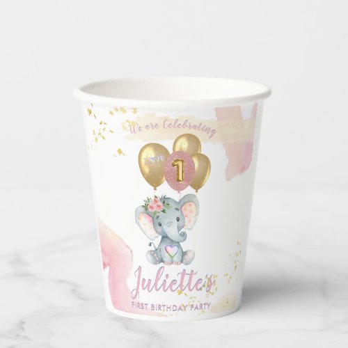 Charming Pink Floral Elephant First Birthday Girl Paper Cups