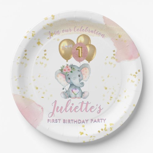 Charming Pink Floral Elephant First Birthday Girl  Paper Plates