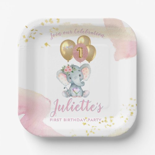 Charming Pink Floral Elephant First Birthday Girl Paper Plates