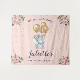 Charming Pink Floral Elephant First Birthday Girl  Tapestry