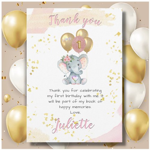 Charming Pink Floral Elephant Thank You Card