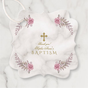 Charming Pink Floral Marble Girl Christening Favor Tags