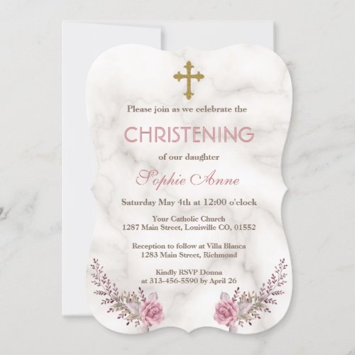 Charming Pink Floral Marble Girl Christening Invitation