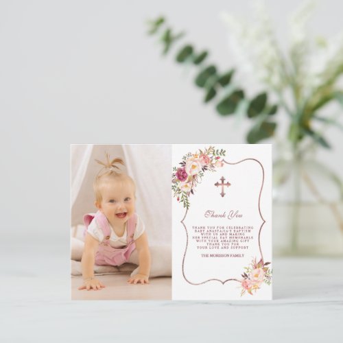 Charming Pink Flowers Gold Photo Girl Baptism Thank You Card