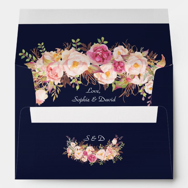 Charming Pink Flowers Navy Blue Wedding Envelope (Back (Bottom))