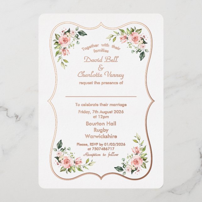 Charming Pink Flowers Rose Gold Frame Wedding Foil Invitation (Front)