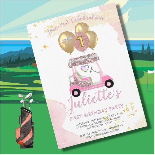 Charming Pink Golf Cart First Birthday Girl   Invitation