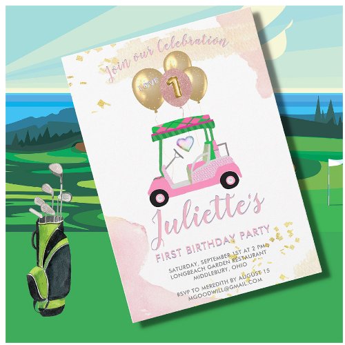 Charming Pink Golf Cart First Birthday Girl  Invitation