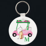 Charming Pink Golf Cart with Clubs and Monogram   Keychain<br><div class="desc">A charming unique golf cart -- pink and green -- tastefully done -- ready to run the course -- -This is a great gift for all golf lovers -- fun / attractive / unique. Personalize it with your/her initials/monogram. If you have any design questions or a special request, please send...</div>