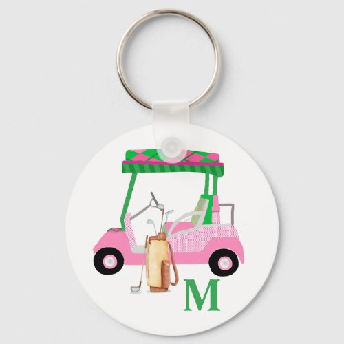 Charming Pink Golf Cart with Clubs and Monogram   Keychain