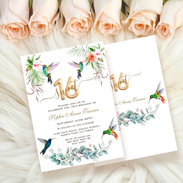 Charming Pink Hibiscus Humming birds Sweet 16 Invitation (Creator Uploaded)