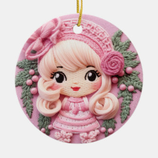Charming Pink Holiday Elf Ceramic Ornament
