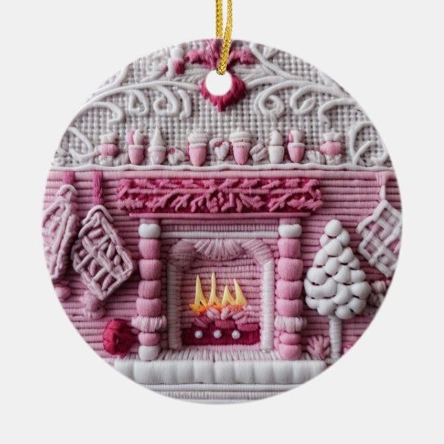 Charming Pink Holiday Hearth Ceramic Ornament (Front)