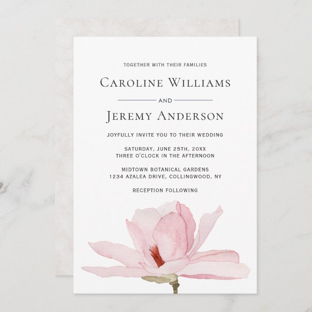 Charming Pink Magnolia Wedding Invitation (Front/Back)