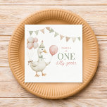 Charming Pink One Silly Goose 1st Birthday Party Napkins<br><div class="desc">These adorable "Silly Goose" 1st birthday paper napkins are a perfect personalized addition to your child's party decor. The design showcases a charming watercolor illustration of a playful goose,  paired with a delightful balloon bouquet in soft pink and green hues.</div>