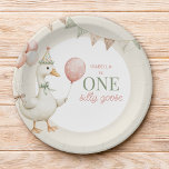 Charming Pink One Silly Goose 1st Birthday Party Paper Plates<br><div class="desc">This charming "Silly Goose" 1st birthday paper plate invitation is the perfect personalized addition to your party decor. The design showcases an adorable watercolor illustration of a playful goose,  paired with a delightful balloon bouquet in soft pink and green hues.</div>