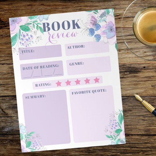 Charming Pink Purple Watercolor Floral Book Review Notepad