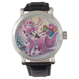Charming Pink Reindeer Christmas Ornament Watch
