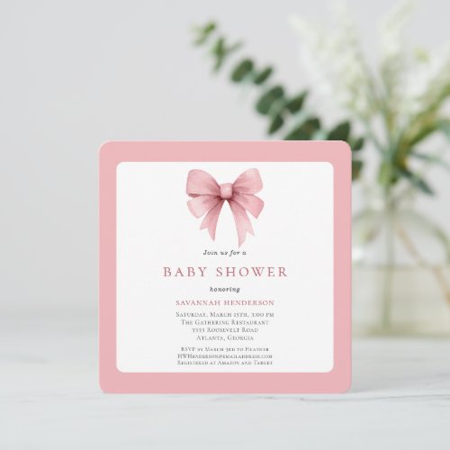 Charming Pink Ribbon Bow Girl Baby Shower Invitation