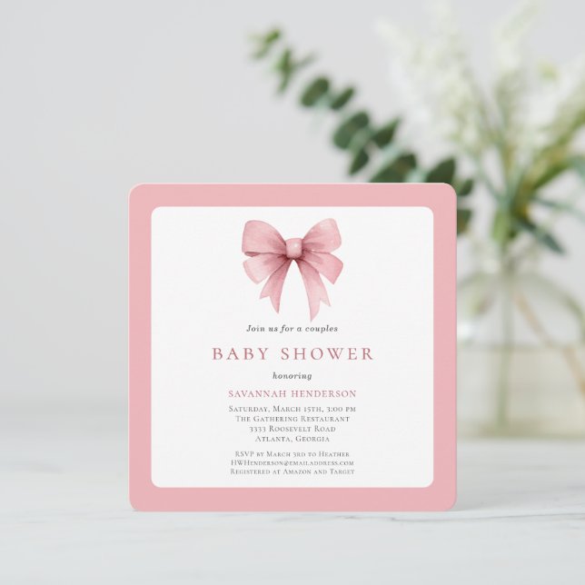 Charming Pink Ribbon Bow Girl Couples Baby Shower Invitation (Standing Front)