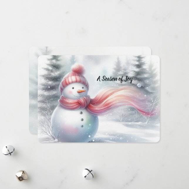 Charming Pink Scarf Snowman Christmas Card (Front/Back In Situ)