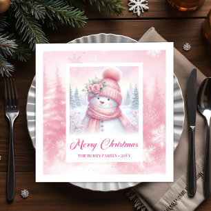 Charming Pink Snowman Kids Cozy Winter Scene Xmas Napkins