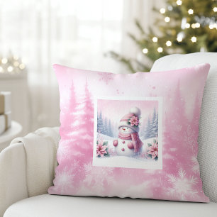 Charming Pink Snowman Winter Scene Kids Gift Pillo Throw Pillow