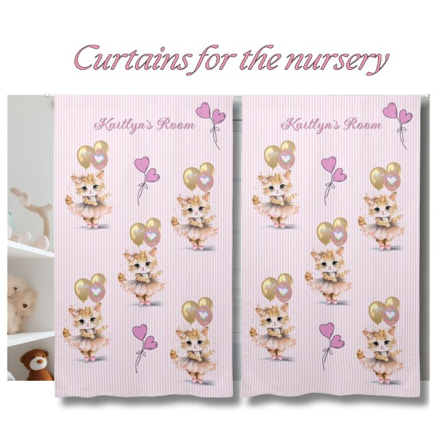 Charming Pink Striped Ballerina Kitten Name Blackout Curtains (Creator Uploaded)