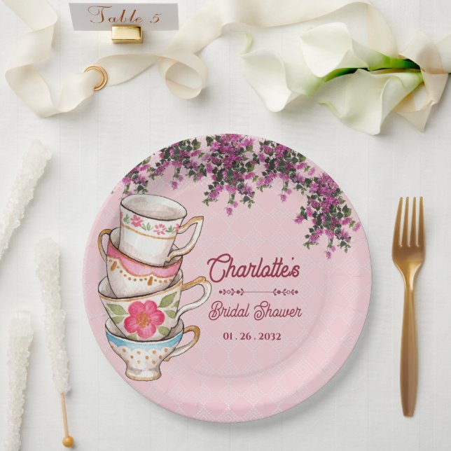 Charming Pink Teacup Floral Bridal Shower Party Paper Plates (Wedding)