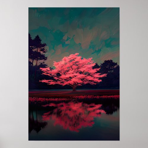 Charming Pink Tree by the Reflective Lake Poster