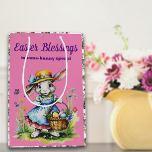 Charming Pink Vintage Girl Easter Bunny Medium Gift Bag