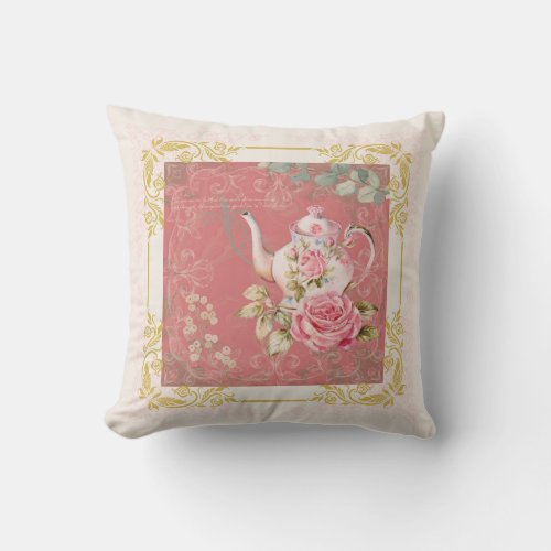 Charming Pink Vintage Vibes Cottage Teapot Throw Pillow