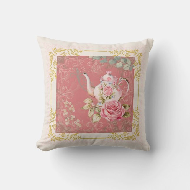 Charming Pink Vintage Vibes Cottage Teapot Throw Pillow (Front)