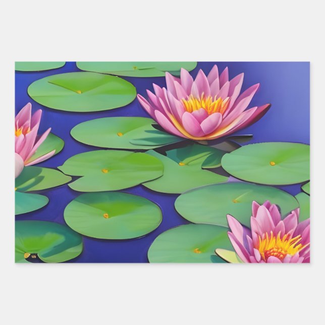Charming Pink Water Lilies Wrapping Paper Sheets (Front)