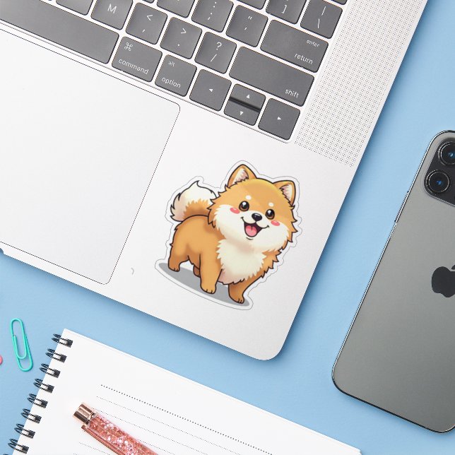 Charming Pomeranian, Playful Kawaii Render, Small Sticker (Laptop w/ iPhone)