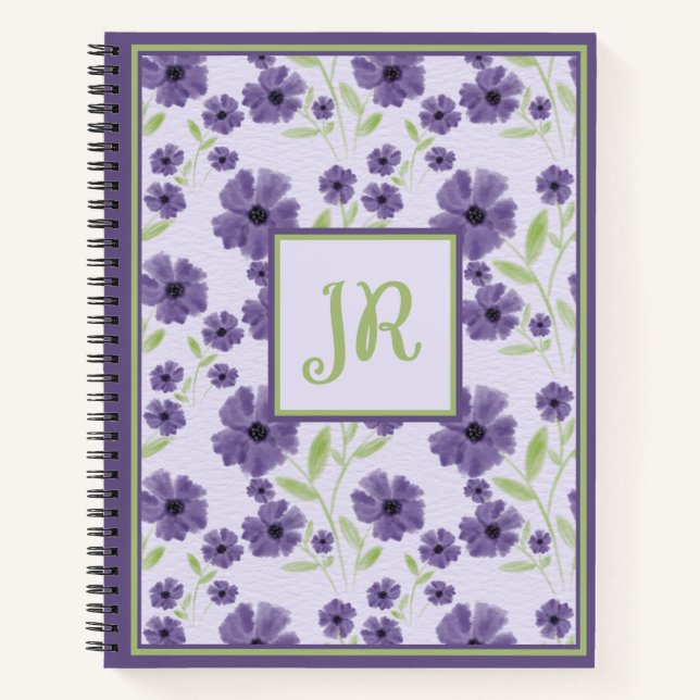 Charming Purple Green Floral Monogram Print Notebook (Front)