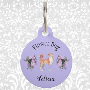 Charming Purple Wedding Flower Dog Shibu Inu Pet ID Tag