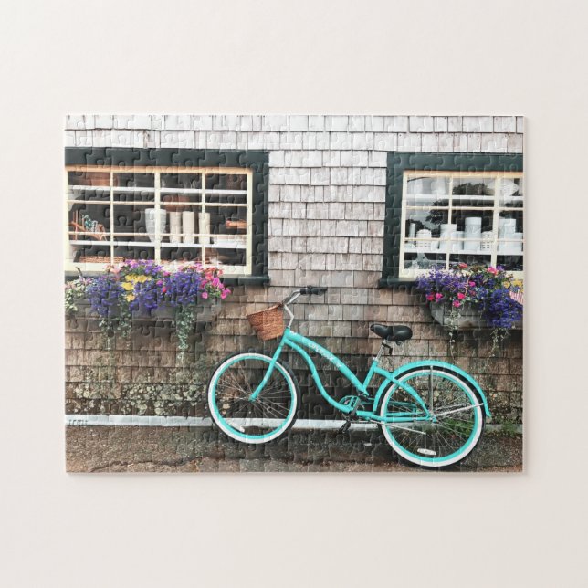 Charming Quaint Cape Cod Blue Bicycle Flowers Chic Jigsaw Puzzle (Horizontal)