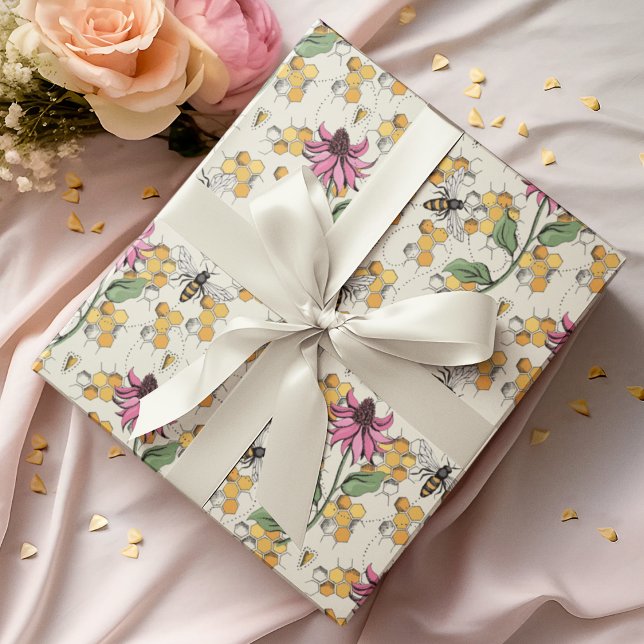 Charming Queen Bee, Honeycomb & Exotic Flowers  Wrapping Paper (Elegant Hand-Drawn Buzzing Queen Bee, Honeycomb & Pink Exotic Flower Gift Wrap for Nature Lovers.)