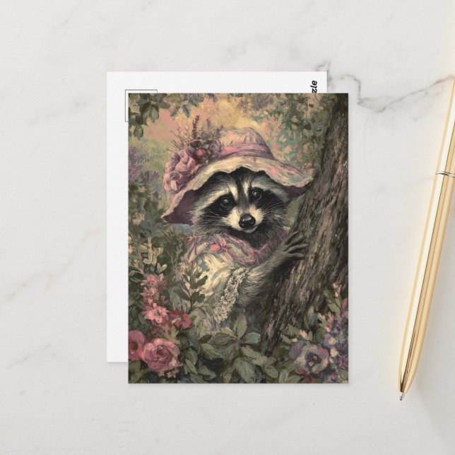 Charming Raccoon in a Dress and Bonnet Postcard (Front/Back In Situ)